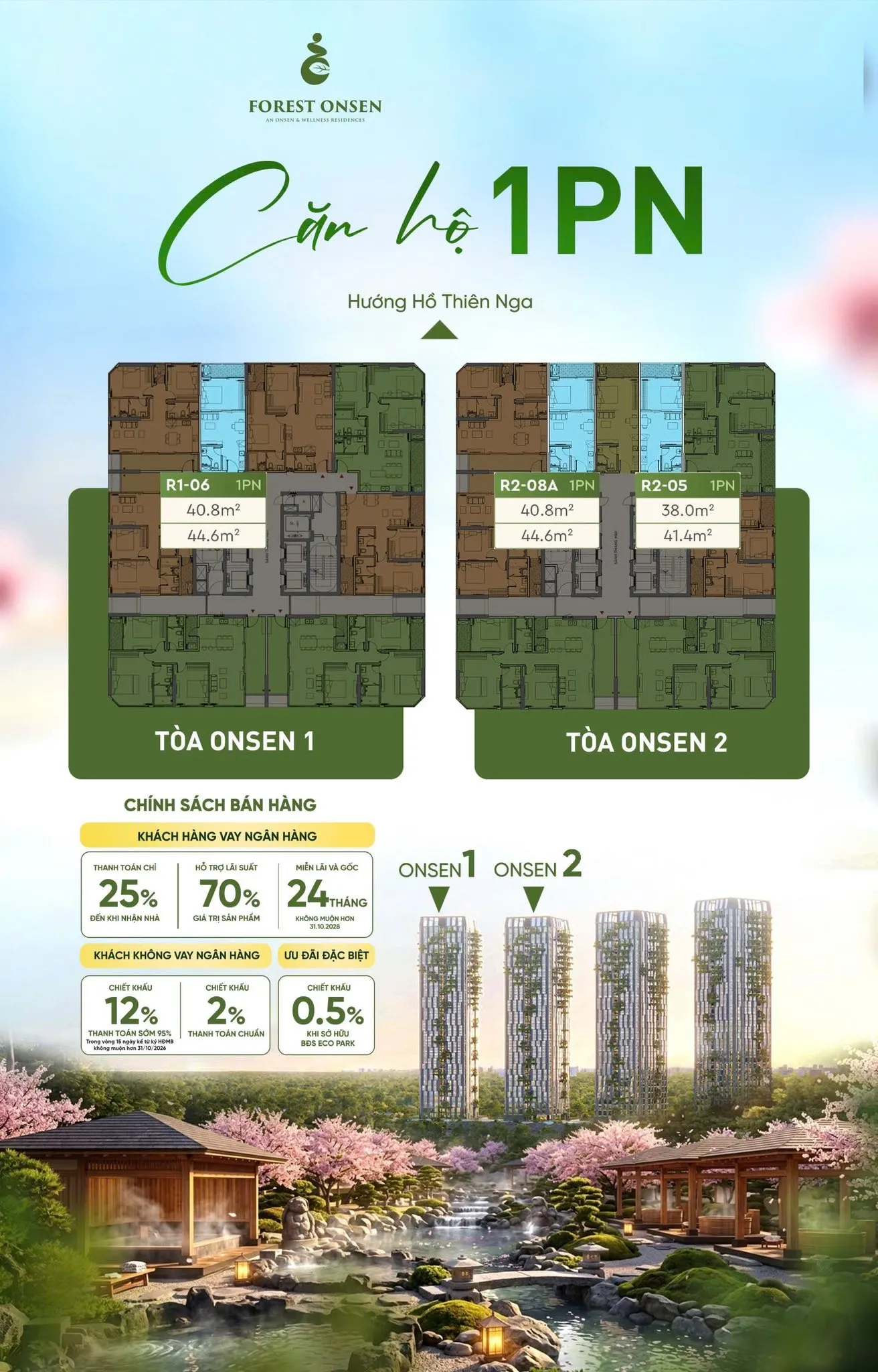 Layout điển hình căn 1 phòng ngủ Forest Onsen
