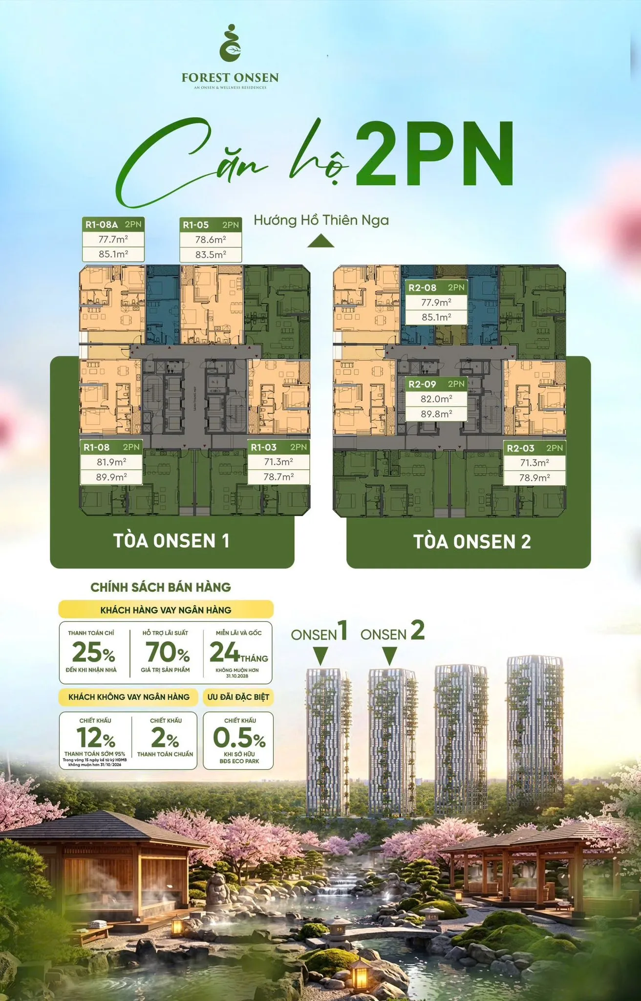 Layout điển hình căn 2 phòng ngủ Forest Onsen
