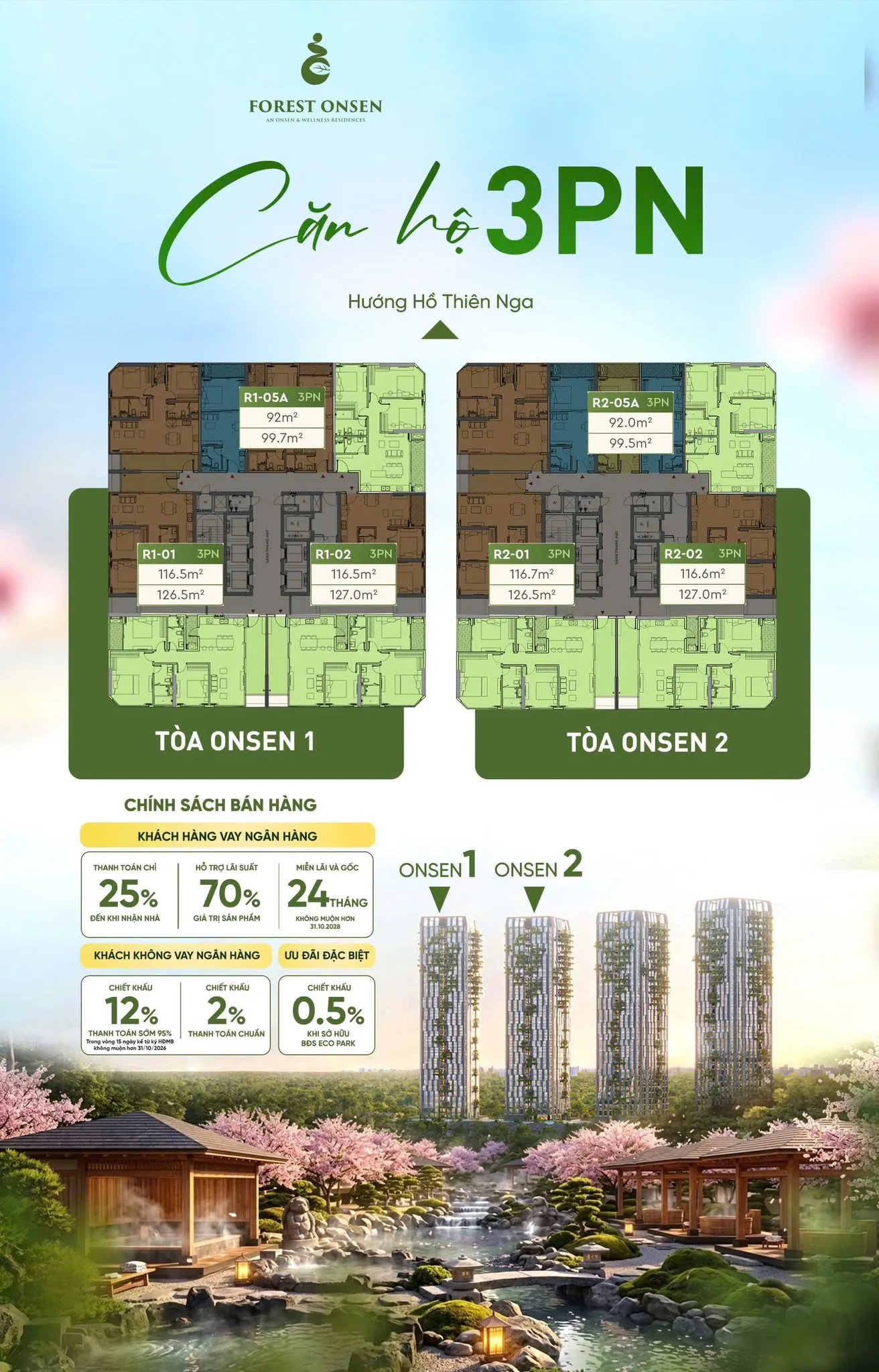 Layout điển hình căn 3 phòng ngủ Forest Onsen
