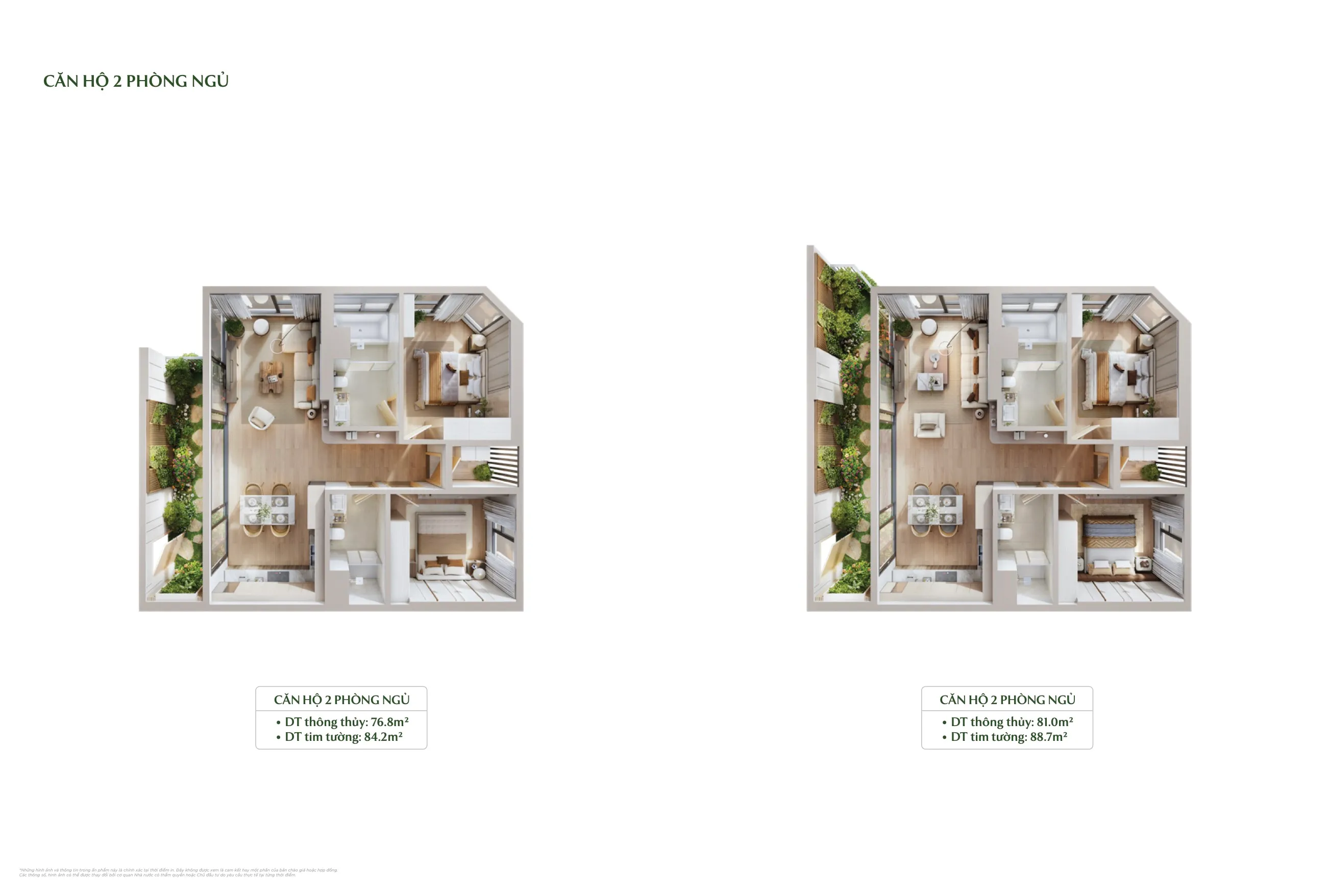 layout căn hộ 2 phòng ngủ type a 76,8m² type b 81m² forest onsen eco retreat long an