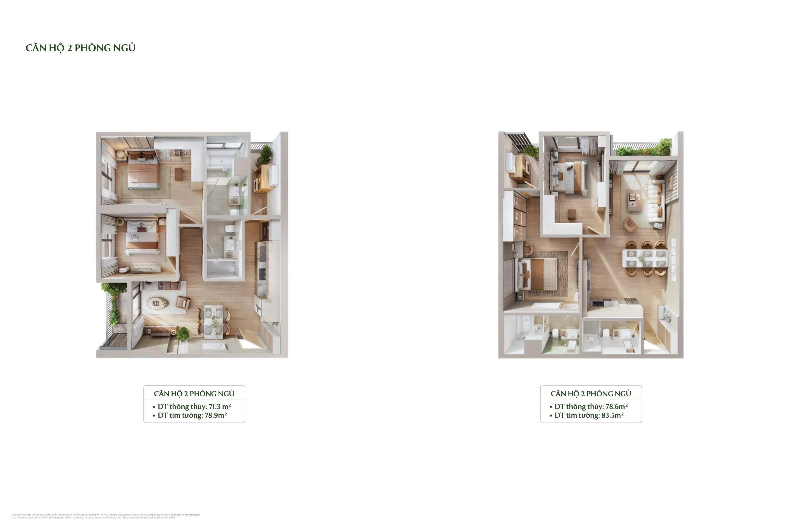 layout căn hộ 2 phòng ngủ type e 71,3m² type f 78,6m² forest onsen eco retreat long an