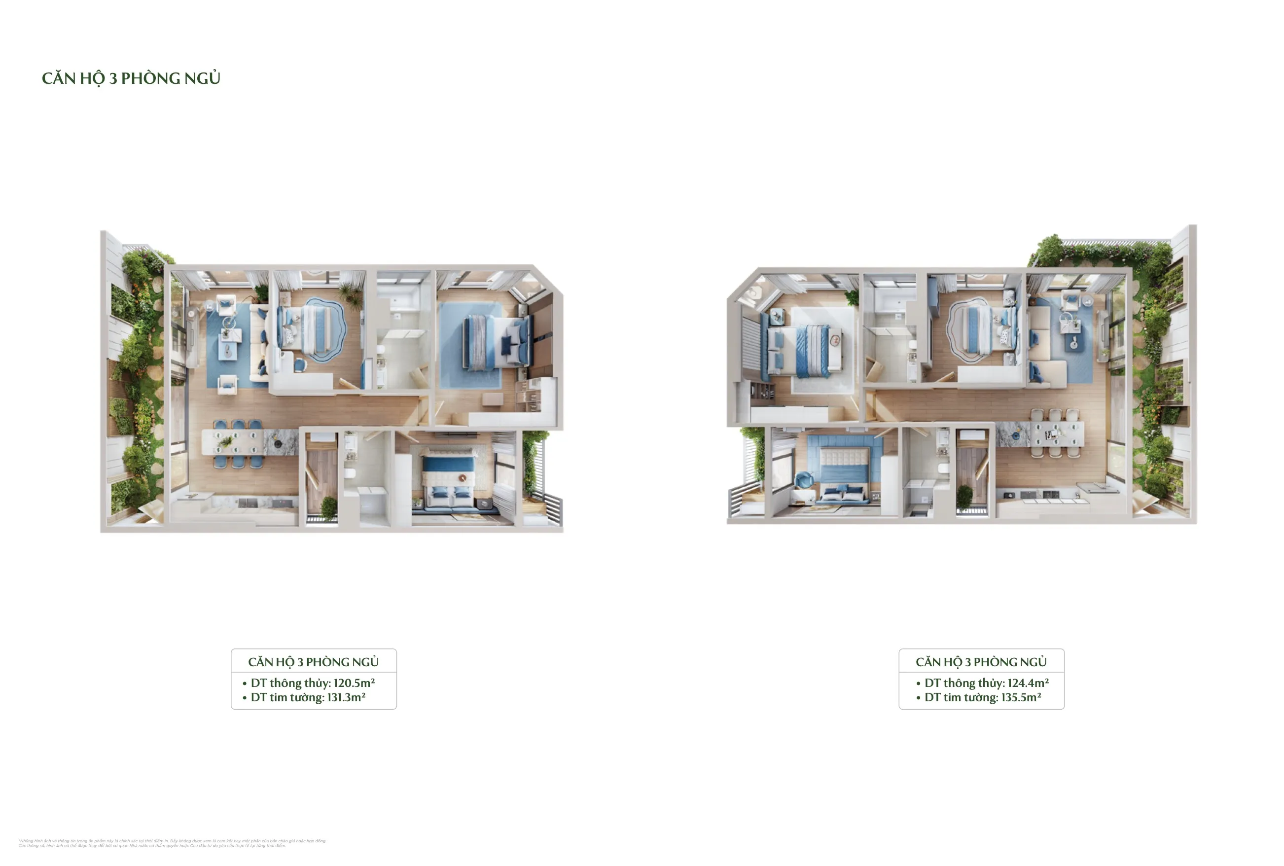 layout căn hộ 3 phòng ngủ type a 120,5m² type b 124,4m² forest onsen eco retreat long an