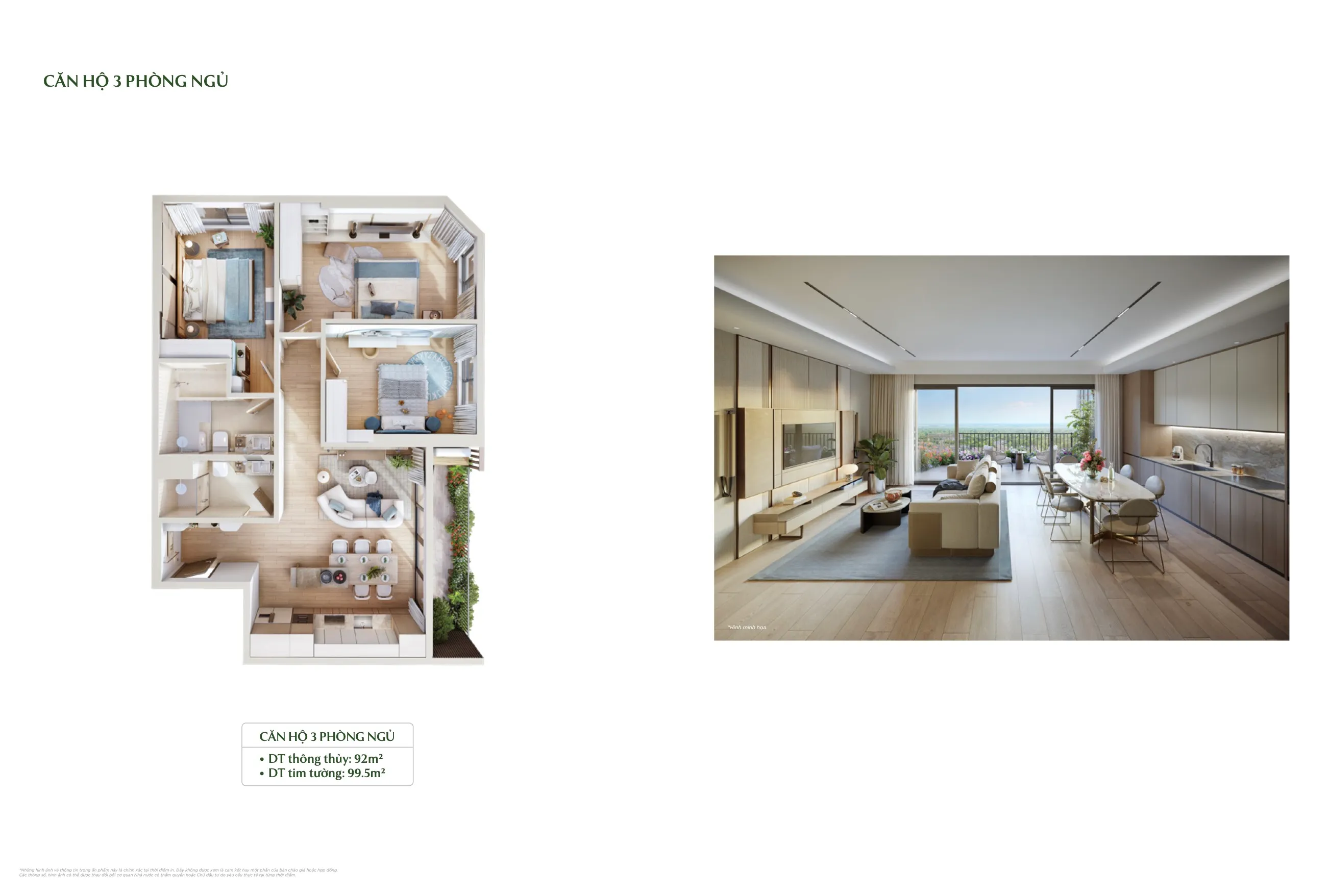 layout căn hộ 3 phòng ngủ type e 92m² forest onsen eco retreat long an và phối cảnh nội thất