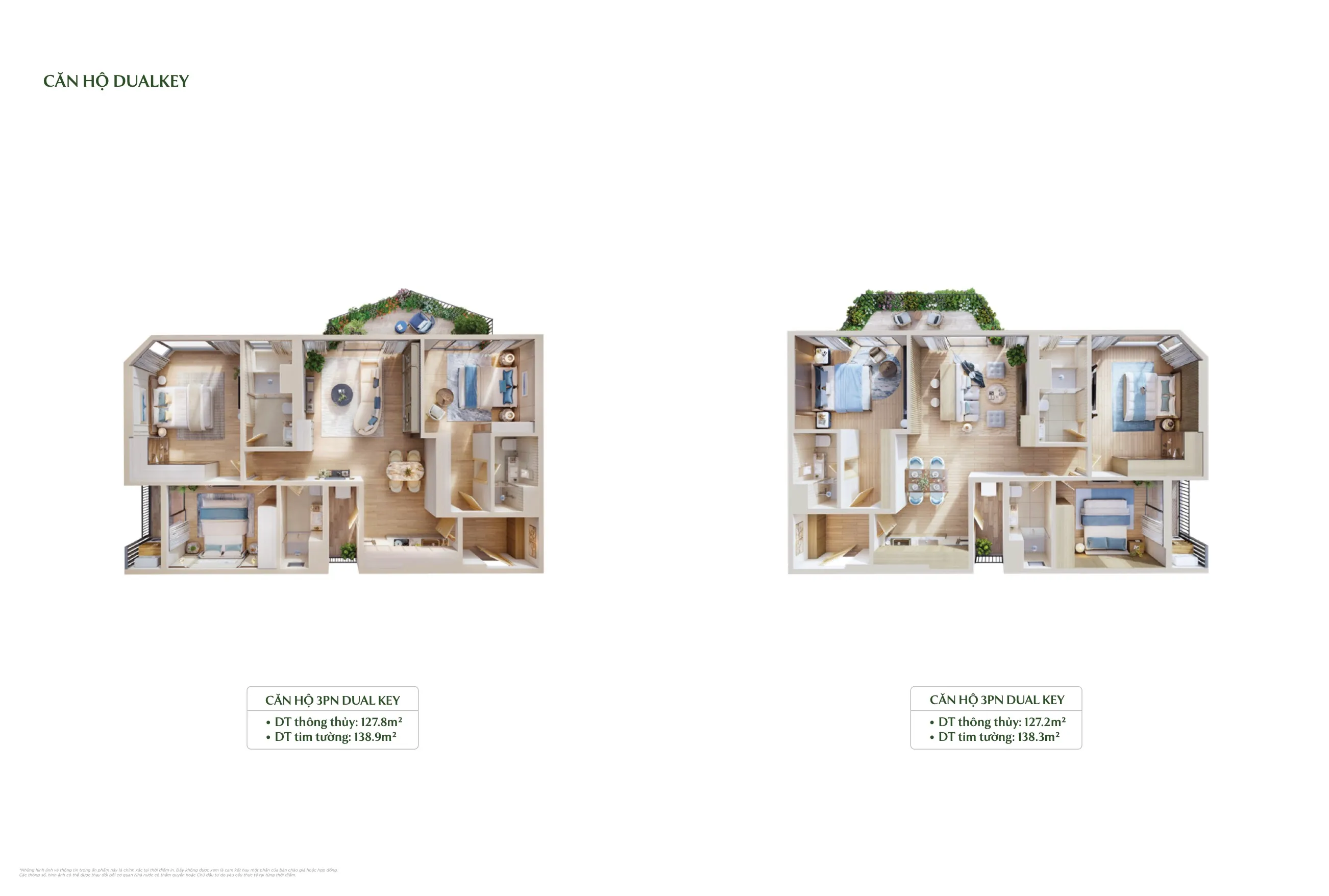 layout căn hộ dual key 3 phòng ngủ 127,8m² 127,2m² forest onsen eco retreat long an