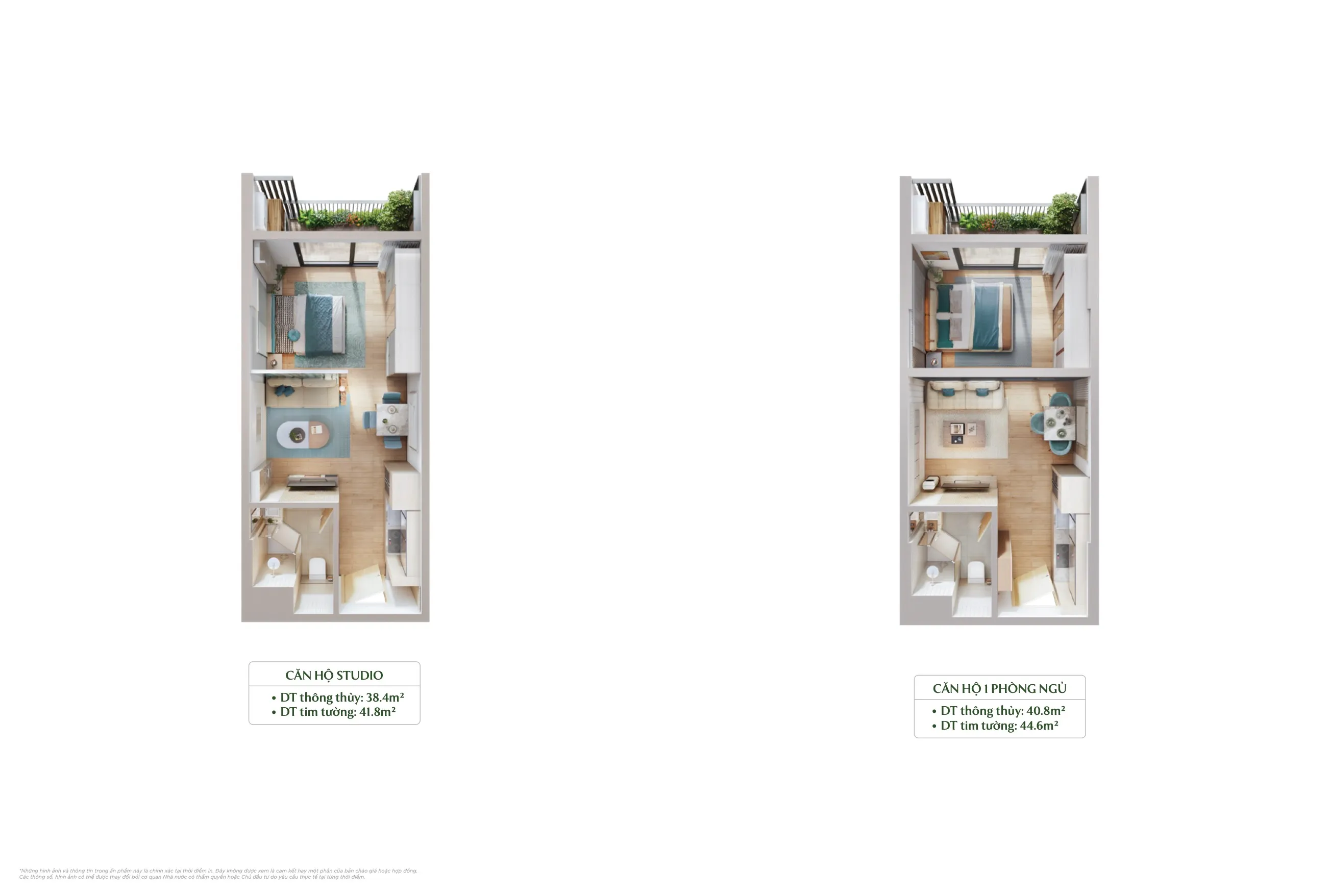 layout căn hộ studio 38,4m² và 1 phòng ngủ 40,8m² forest onsen eco retreat long an