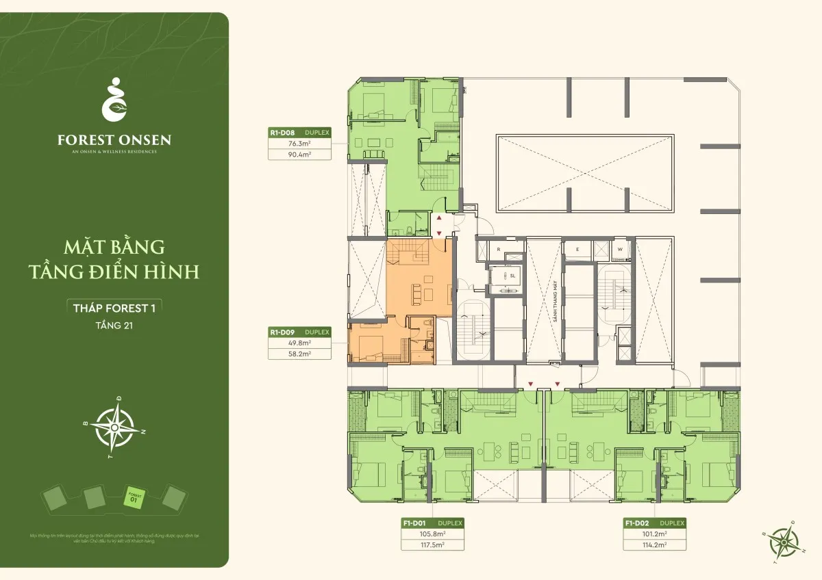 mặt bằng 3 phòng ngủ góc tầng 6-19 tháp f1 forest onsen eco retreat 100-110m2