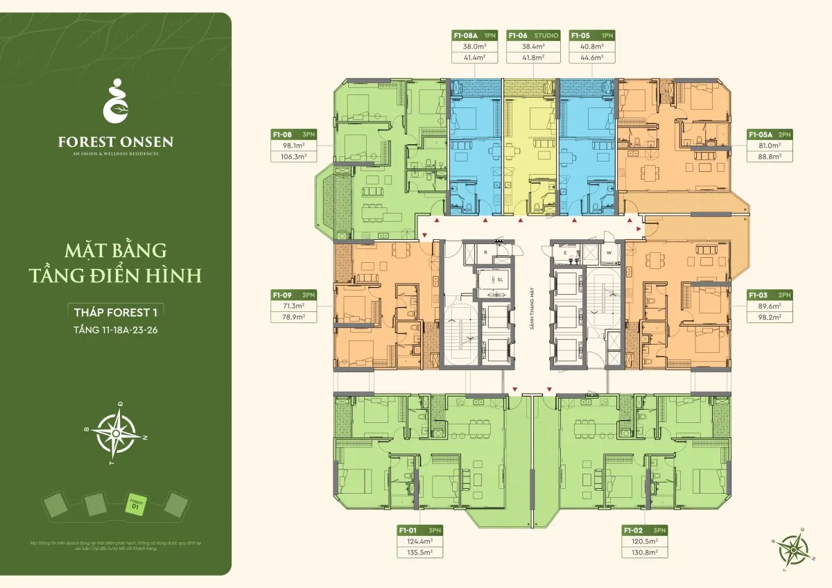 mặt bằng 1 phòng ngủ tầng 6-19 tháp f1 forest onsen eco retreat long an 45-55m2
