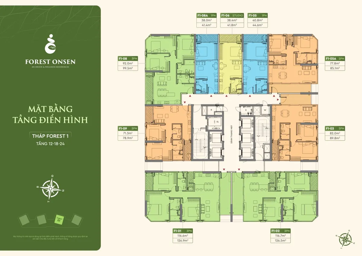 mặt bằng căn hộ 2 phòng ngủ type A tầng 22-40 tháp f1 forest onsen eco retreat