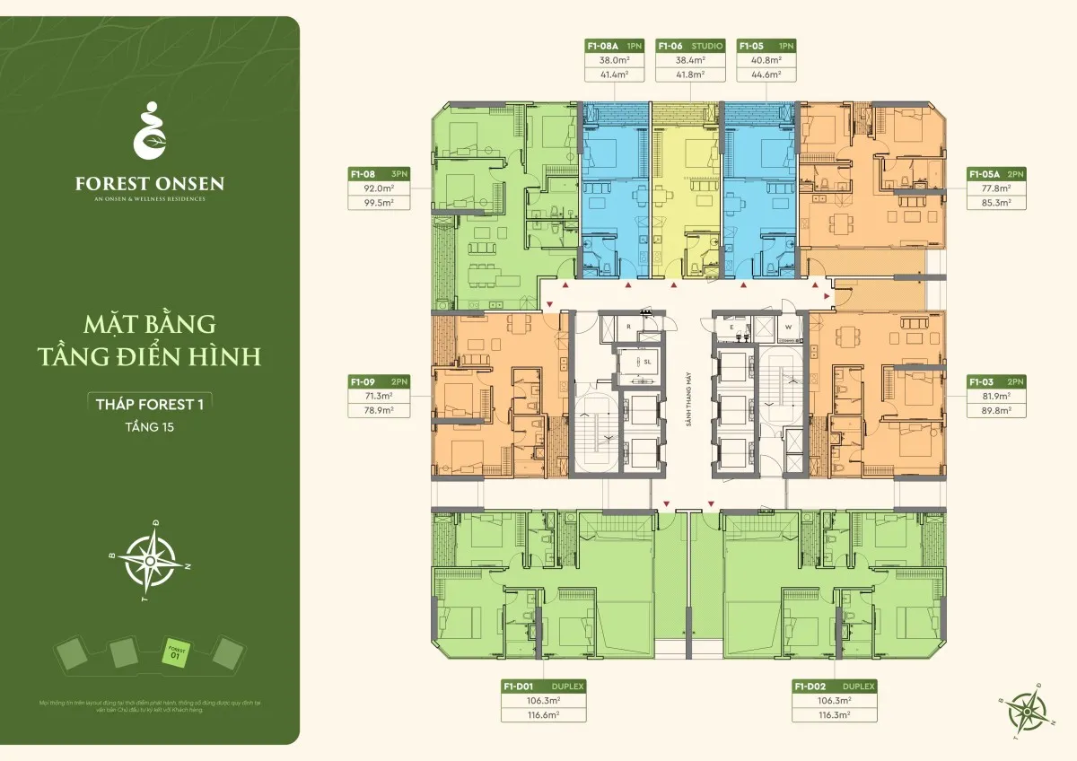mặt bằng căn hộ 2 phòng ngủ type B tầng 22-40 tháp f1 forest onsen eco retreat