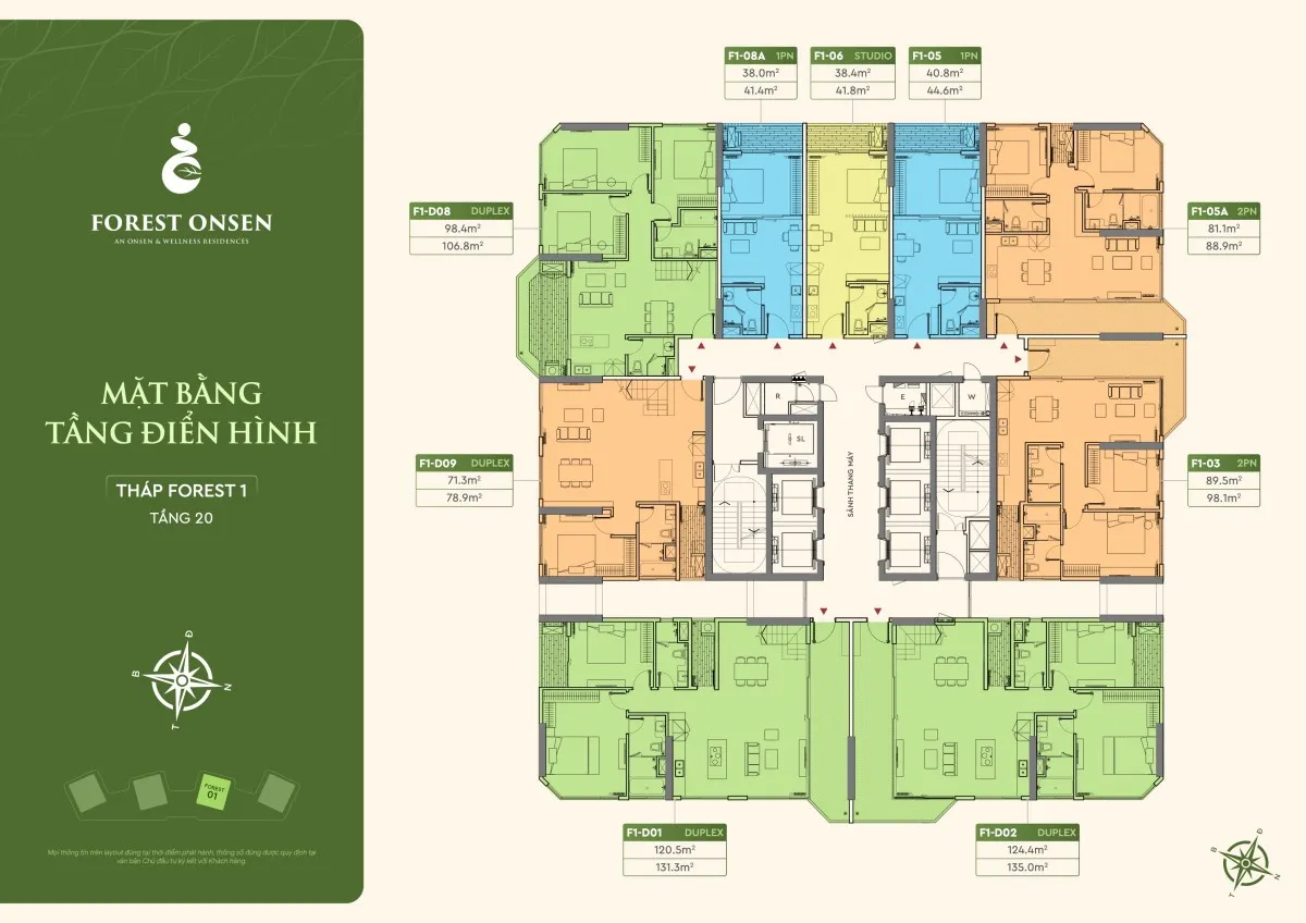 mặt bằng căn hộ 3 phòng ngủ tầng 22-40 tháp f1 forest onsen eco retreat long an