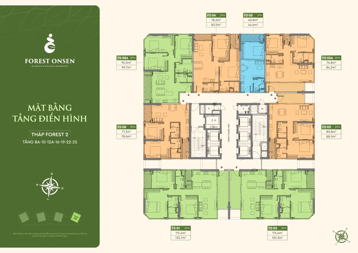 mặt bằng tầng 8A 10 12A 16 19 22 25 tháp f2 forest onsen eco retreat long an