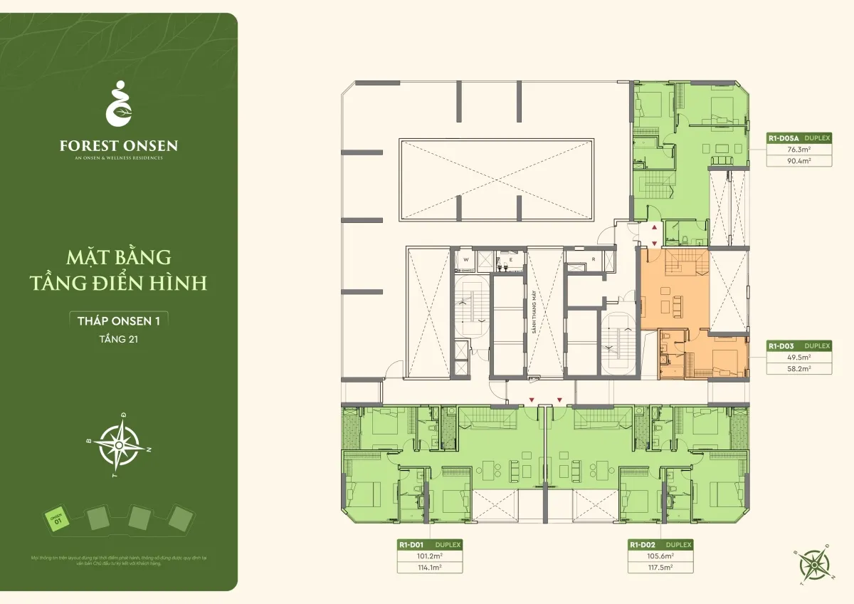 mặt bằng tầng 21 duplex tháp r1 forest onsen eco retreat long an