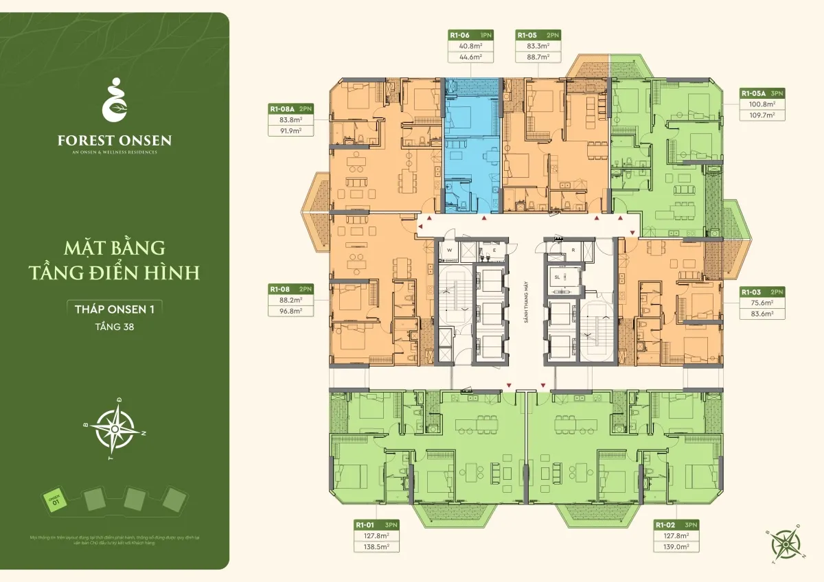mặt bằng tầng 38 tháp r1 forest onsen eco retreat long an