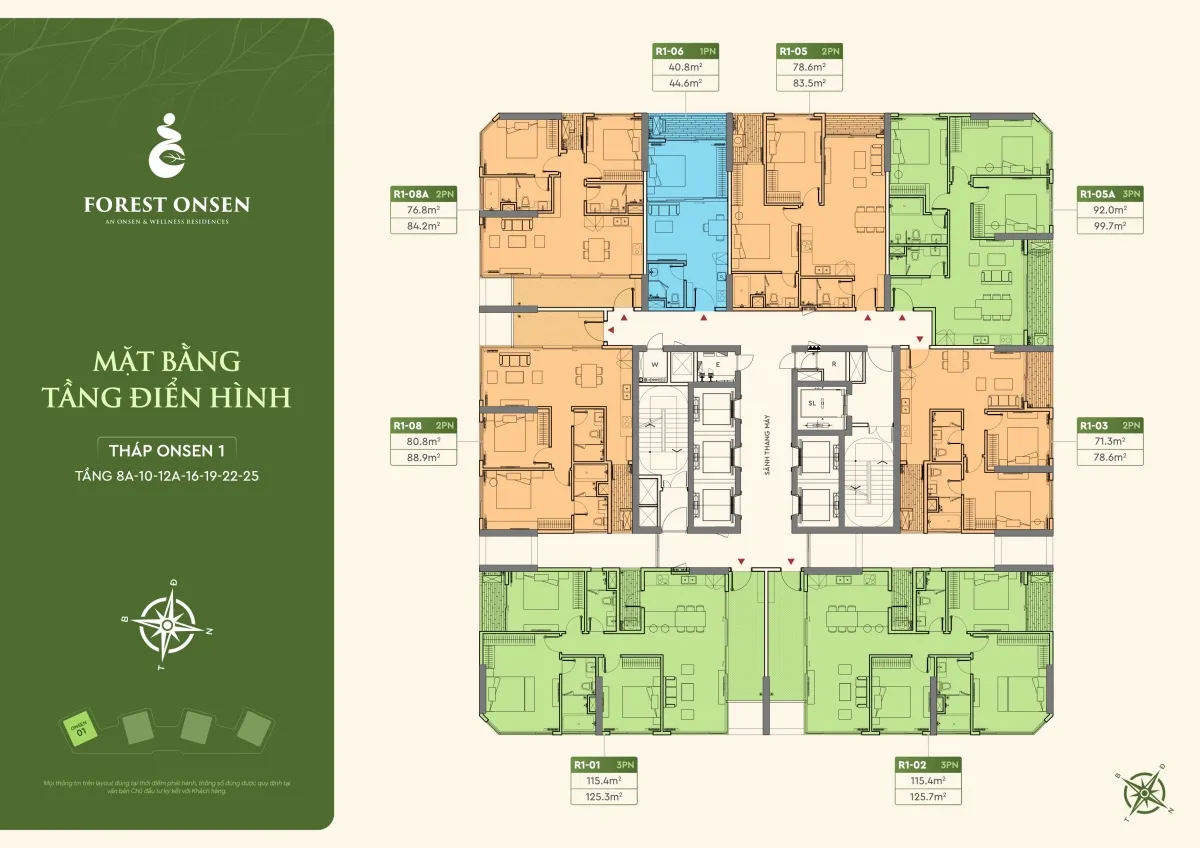 mặt bằng tầng 8A 10 12A 16 19 22 25 tháp r1 forest onsen eco retreat long an