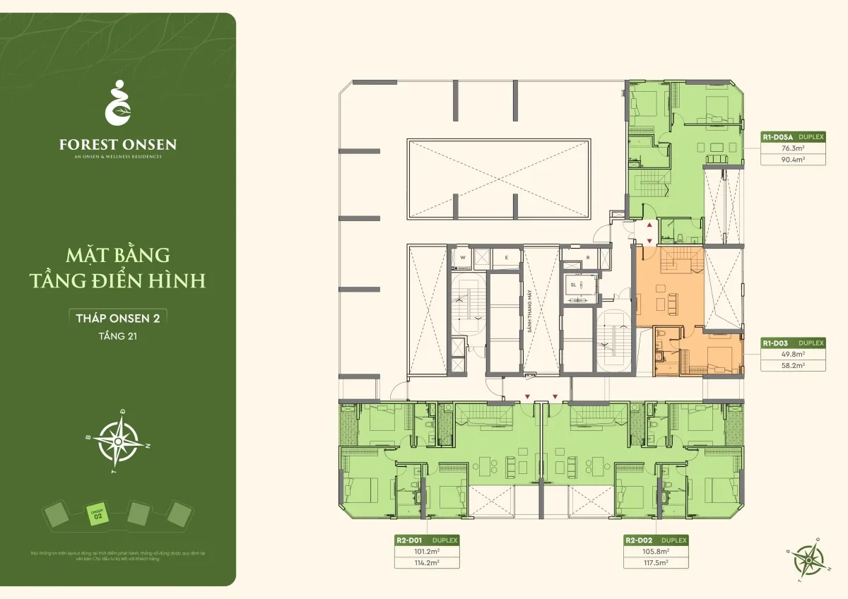 mặt bằng tầng 21 duplex tháp r2 forest onsen eco retreat long an