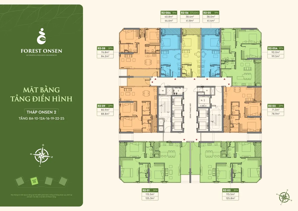 mặt bằng tầng 8A 10 12A 16 19 22 25 tháp r2 forest onsen eco retreat long an