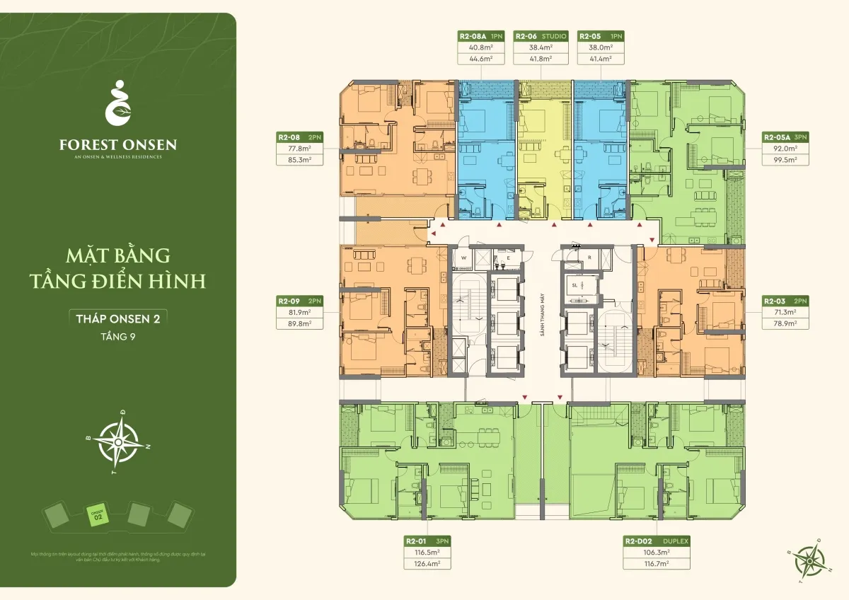 mặt bằng tầng 9 tháp r2 forest onsen eco retreat long an