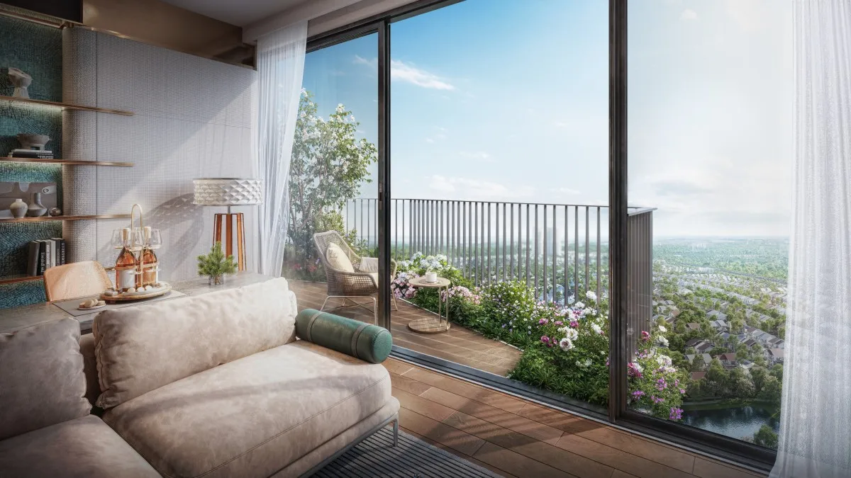 phối cảnh ban công căn hộ forest onsen eco retreat long an view rừng xanh