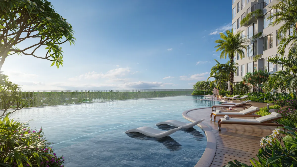 hồ bơi vô cực tầng 4 forest onsen eco retreat long an tầm nhìn toàn cảnh