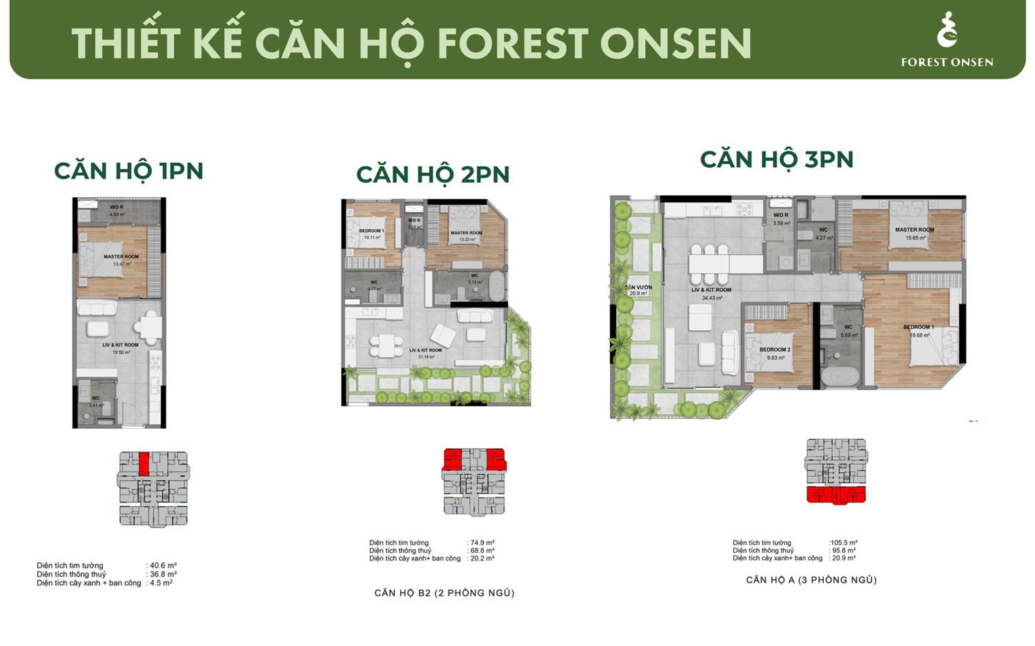 Layout căn hộ 2PN Forest Onsen — ban công tích hợp Onsen