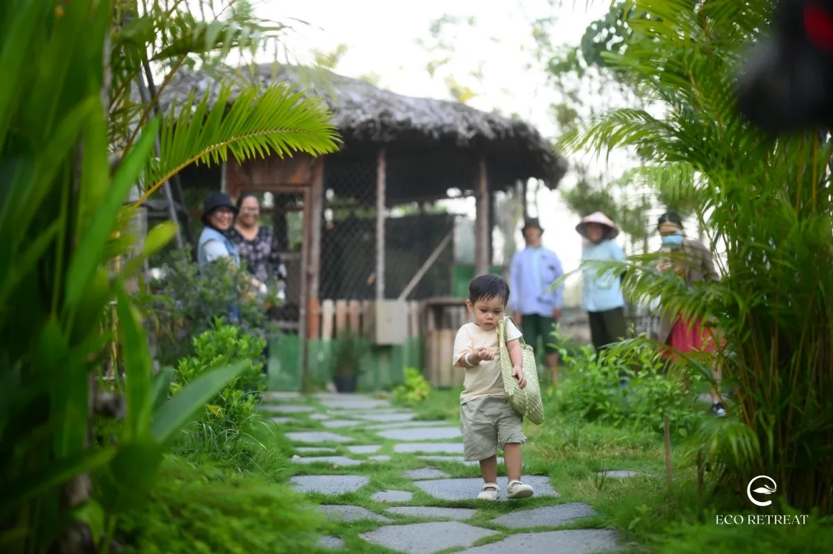 Tại Nông trại vui vẻ của Eco Retreat, những bàn tay nhỏ xíu được tự mình nhặt từng quả trứng gà mới đẻ